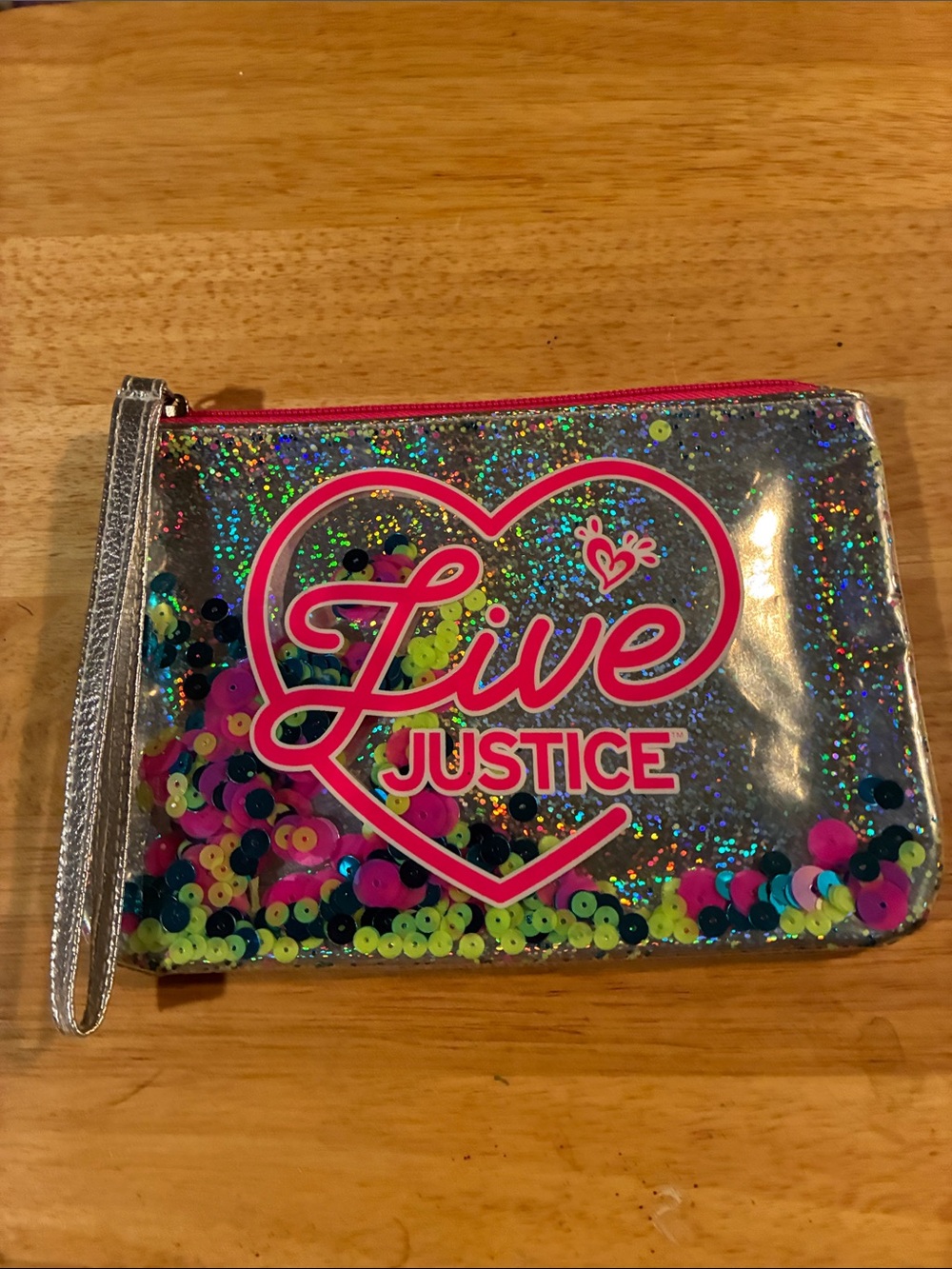 Justice Glitter Sequin Wristlet in Silver with Neon Pink & Multicolor Accents